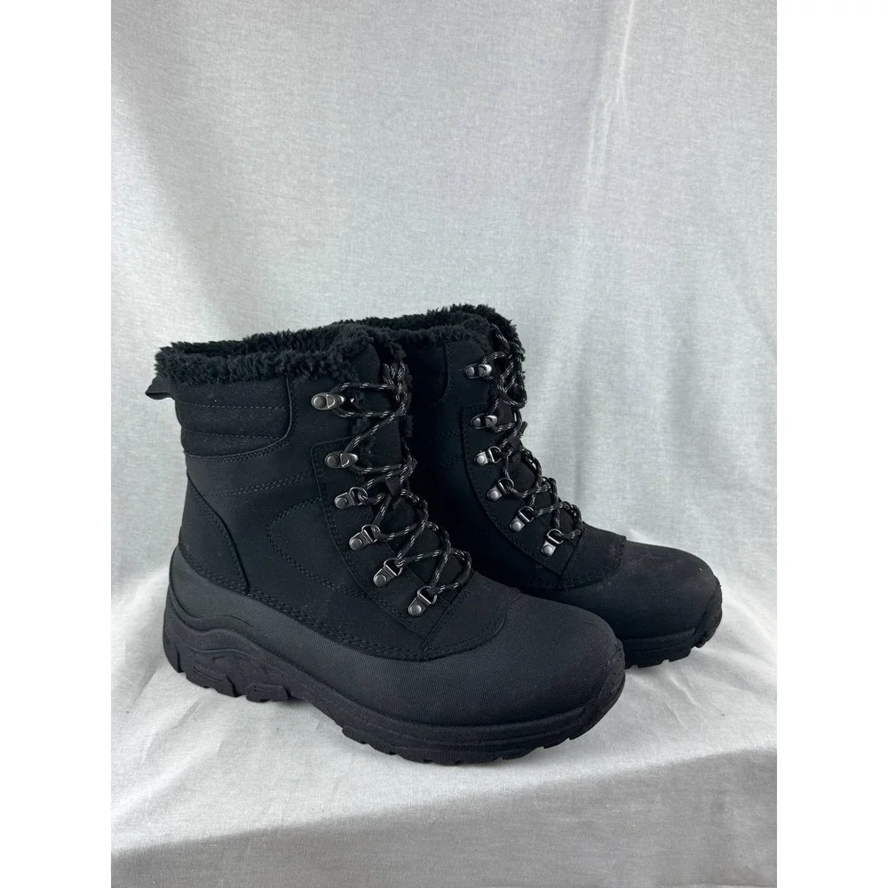 All in Motion Mens Black Winter Boots Faux Fur Trim Lace Up Size 10 NEW